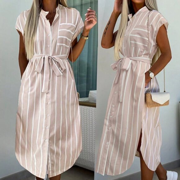 Dresses & Skirts - Apricot Casual Women's French-Style Striped Color-Block Shirt Dress